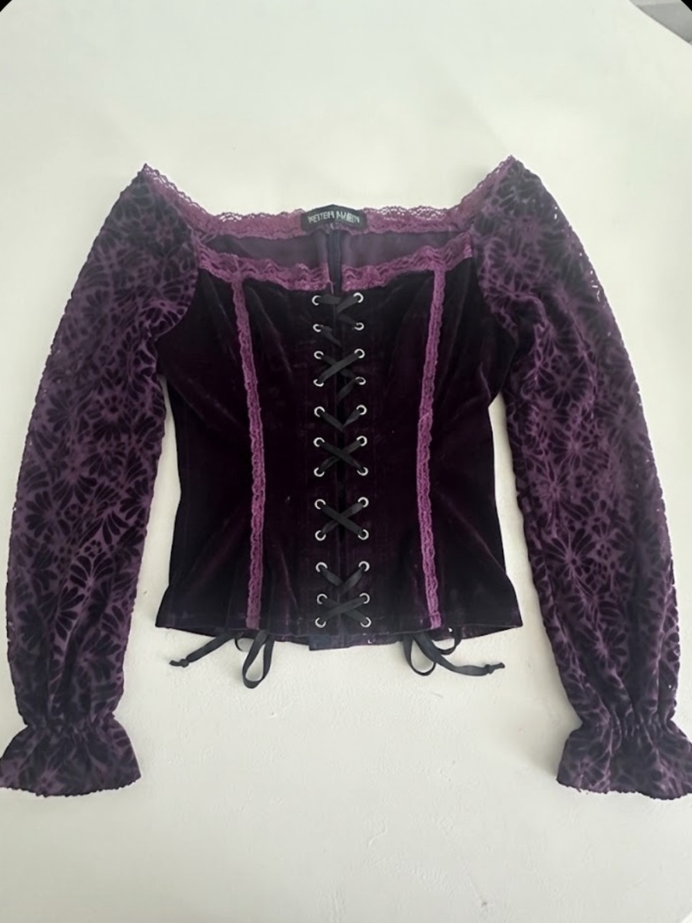 90s Y2K Vintage Western Fashion Purple Velvet Burnout Corset Top w/ Sleeves